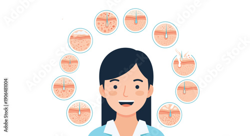 Smiling woman with long black hair is surrounded by circular diagrams showing various human skin layers and common dermatological conditions.