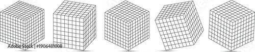 Isometric wireframe cube grid collection showing geometric perspective blocks for mathematics architecture design engineering visualization and abstract dimensional structure concepts