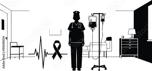 Monochrome medical vector art showing nurse silhouette standing with stethoscope beside intravenous drip in hospital room setting with heartbeat line and cancer awareness ribbon