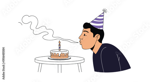 Young man wearing a striped purple and white party hat leans in to blow out a single candle on a white frosted birthday cake on a table.