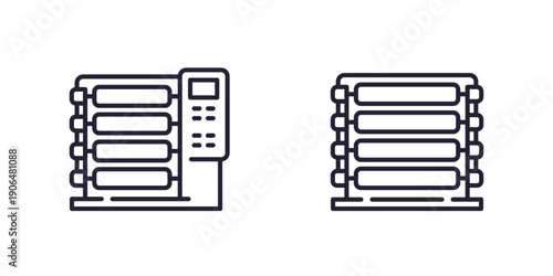 textile production icons with loom machines, line vector