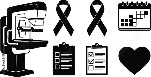 Black ribbon awareness icons with mammogram machine and medical checklist design calendar and heart symbol set in minimalist vector art style for health campaigns