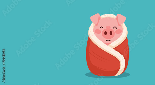 Piglet character wrapped in a cozy red blanket smiles happily against a blue background for winter or baby concepts.