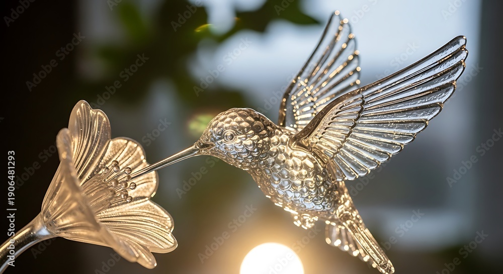 Naklejka premium Golden hummingbird sculpture sips nectar from flower in sunlight