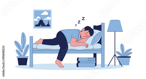 Man sleeps deeply on his side in a blue bedroom while snoring with zzz icons floating above his head in bed.