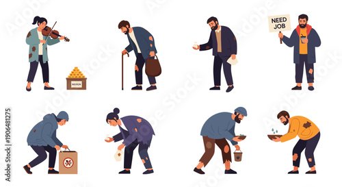 Collection of illustrations showing various homeless and poor people begging for food money or jobs in city streets.