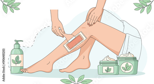 Close up of a person getting their legs waxed with a strip and spatula next to various skincare cream products.