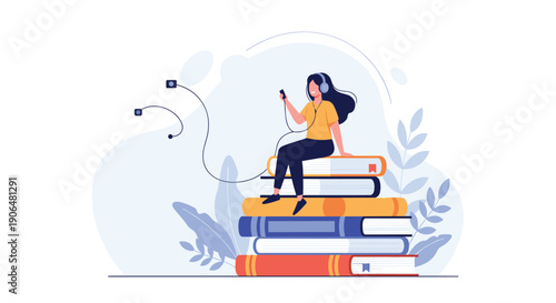 Student girl sits on a tall stack of colorful books while listening to music through headphones for study and leisure.