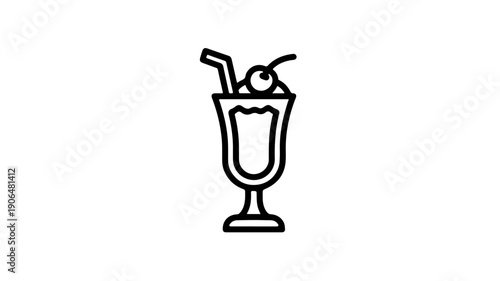 Minimalist black line icon of a tall ice cream sundae with straw and cherry on top