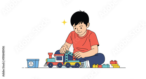 Young boy sits on the floor and plays happily with a colorful toy train made of blocks in a bright play room.