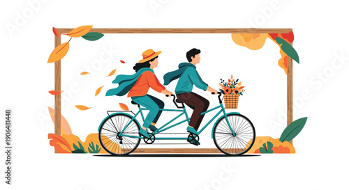 Romantic couple rides a tandem bicycle through a frame of falling autumn leaves and warm seasonal colors in nature.