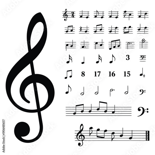 Collection of musical notes and treble clef symbols on transparent background