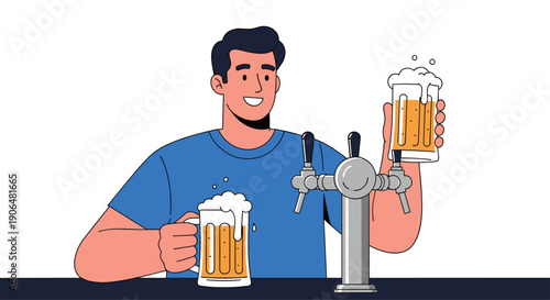 Happy man pours two large glasses of fresh beer from a silver tap while smiling in a bar or brewery setting.