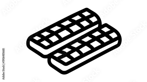 Minimalist black line icon of two chocolate wafer cookies on white background