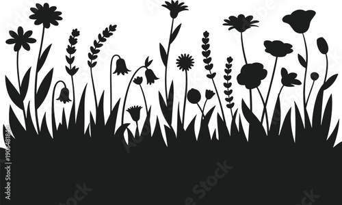 Black silhouette of a diverse flower bed with various blooming plants and grasses against a white background