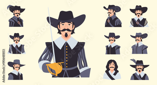 Collection of musketeer portraits featuring men with classic hats and moustaches for historical character design.