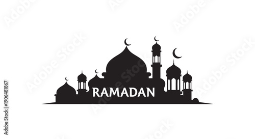 Ramadan mosque silhouette with crescent moon on white background