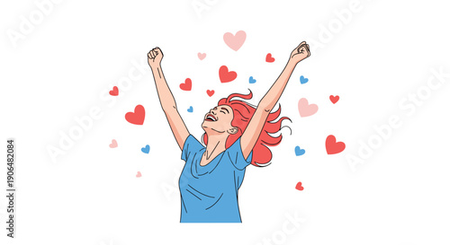 Joyful woman with red hair raising her arms in celebration surrounded by floating hearts, expressing happiness, love, and success.