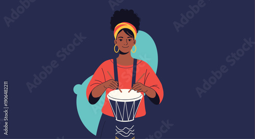 Young woman wearing a colorful headband and hoop earrings playing a djembe drum with sticks against a dark blue background.