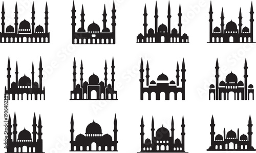 Set of black silhouette icons representing mosque architecture with minarets and domes Islamic building