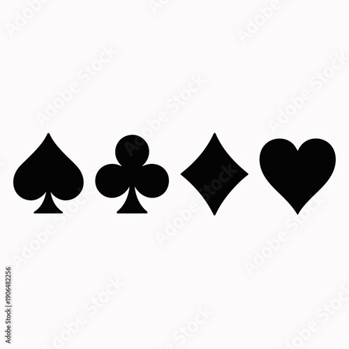 Black royal suits playing cards icon isolated on white background featuring classic casino symbols, elegant card game design, minimal vector illustration for gambling, poker, and entertainment graphic