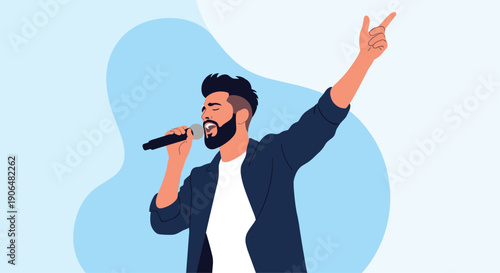 Male singer performing passionately with a microphone in hand and one arm raised against a simple blue background with organic shapes.