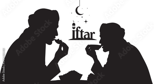 Silhouetted people breaking fast together during Ramadan with crescent moon