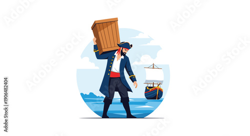 Brave pirate carrying a large wooden crate on his shoulder while standing on a coast with a sailing ship visible on the ocean behind.