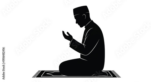 Silhouette of man praying in traditional muslim attire in simple flat illustration for religious or cultural themes