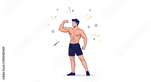 Muscular man posing to show off his strong physique and abdominal muscles, surrounded by celebratory stars and lines in a flat style.