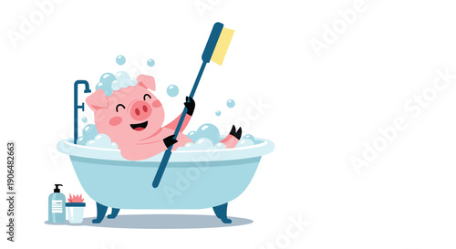 Cheerful pig enjoying a relaxing bubble bath in a classic blue tub while scrubbing its back with a long-handled brush and smiling.