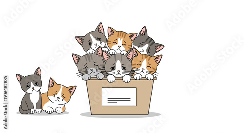 Group of sad stray kittens with tears in their eyes huddling together inside a cardboard box, waiting to be adopted by a loving family.