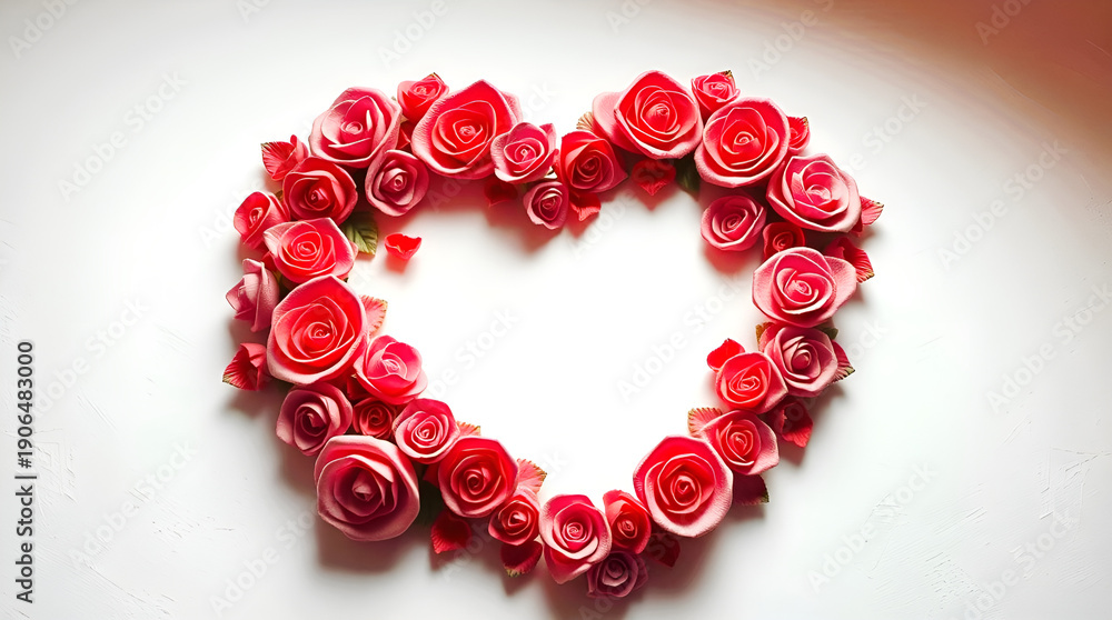 Obraz premium Elegant Heart Shaped Arrangement of Red Rose Blossoms on a Clean White Background