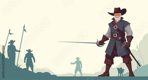 Brave seventeenth century soldier stands with a sword in his hand against a wide landscape with silhouettes of other warriors in the distance.