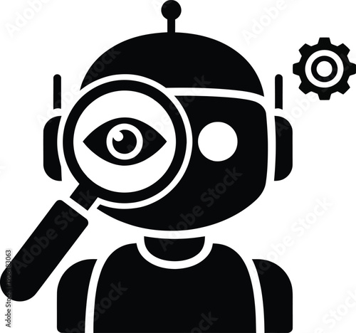 Robot head with magnifying glass examining an eye digital illustration