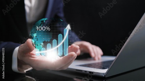Businessman Reveals Global Growth Hologram In Hand