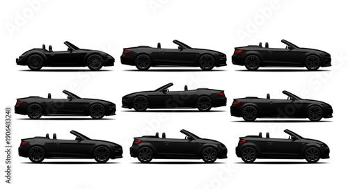 Collection of nine black convertible toy cars in a grid.