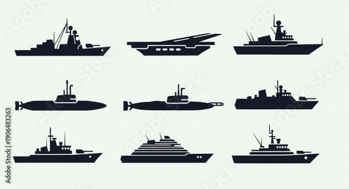 Collection of Navy Ship Silhouettes Vector Illustration.