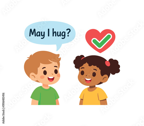 two children asking may I hug speech bubble and checkmark heart consent before touch clean shapes. colored flat icon vector illustration