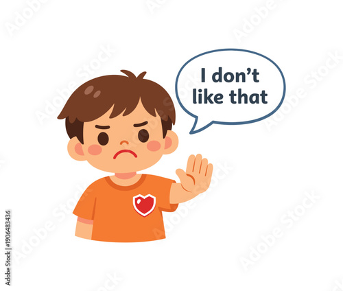 child with speech bubble saying I dont like that small heart shield near chest expressing feelings and limits clean shapes. colored flat icon vector illustration