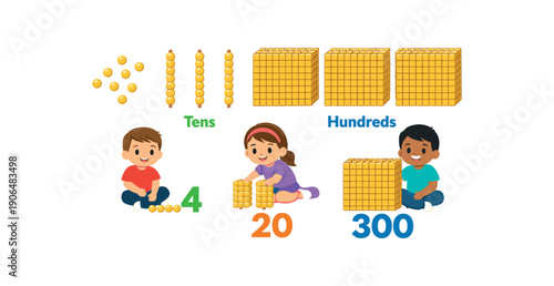 golden bead units tens hundreds laid with child grouping into numbers early decimal Montessori math clean shapes. colored flat icon vector illustration