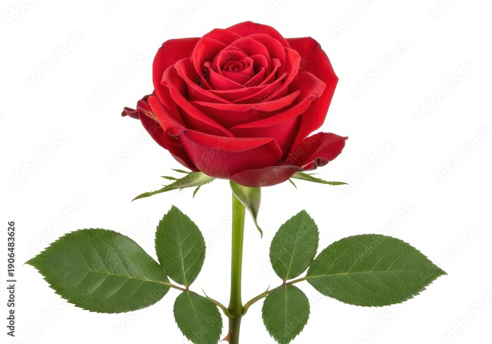 Fototapeta premium Single perfect deep red rose blossom stands tall against a clean white background