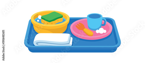 small tray with sponge bowl and towel child washing toy dish practical life activity clean shapes. colored flat icon vector illustration