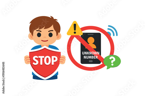 child holding shield with word STOP near phone crossed unknown number icon boundary with unwanted calls clean shapes. colored flat icon vector illustration