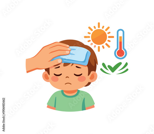 caregiver hand placing cool damp cloth on toddler forehead with sun thermometer faded fever relief icon clean shapes. colored flat icon vector illustration