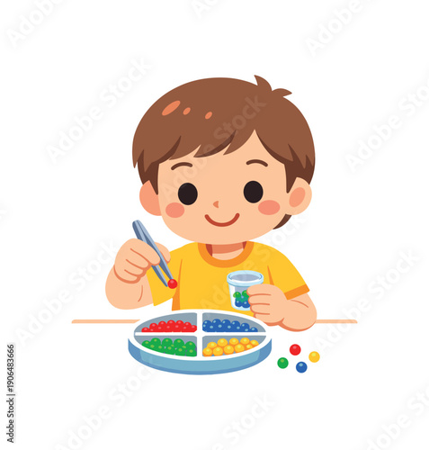 child using tweezers to pick up tiny beads precision pincer grip exercise clean shapes. colored flat icon vector illustration