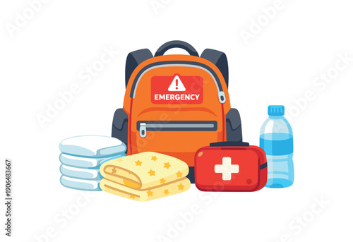 emergency bag packed with diapers baby blanket small first aid kit and water ready to grab for toddler clean shapes. colored flat icon vector illustration