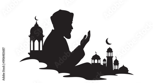 Muslim man praying during Ramadan in silhouette with mosque and crescent moon