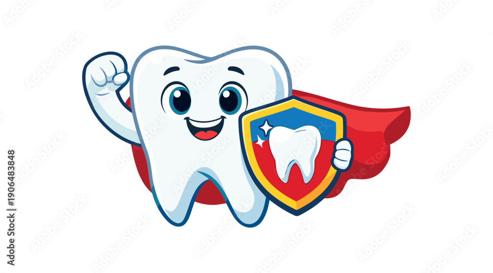 Obraz premium smiling tooth character with cape and shield strong teeth hero for children clean shapes. colored flat icon vector illustration