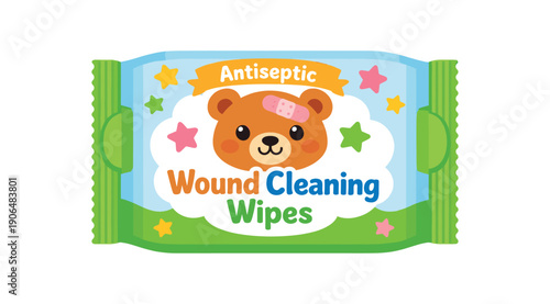 packet of antiseptic wipes with kid friendly design stars and animal face wound cleaning wipes clean shapes. colored flat icon vector illustration